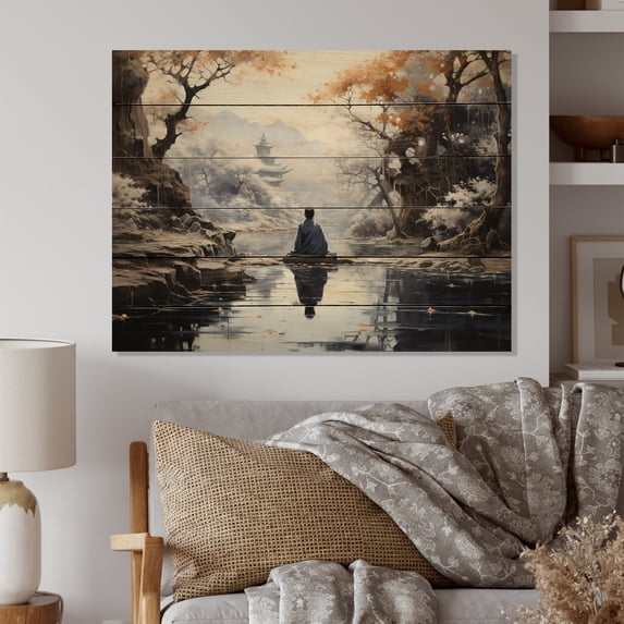 Designart "Enlightened Path in Grey Buddhism II" Spiritual Print on Natural Pine Wood