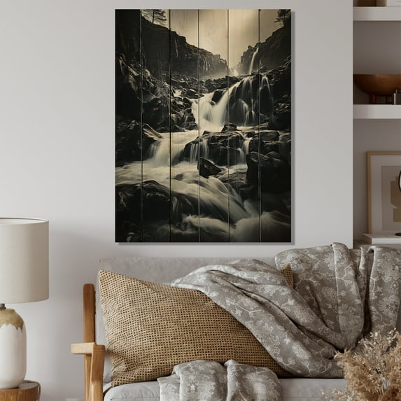 Designart "Ephemeral Beauty of the Waterfall Cascade II" Landscapes Print on Natural Pine Wood