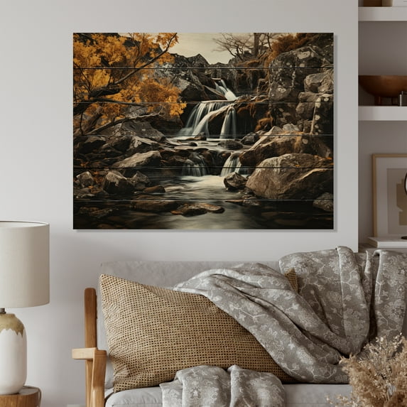 Designart "Ephemeral Beauty of the Waterfall Cascade III" Landscapes Print on Natural Pine Wood