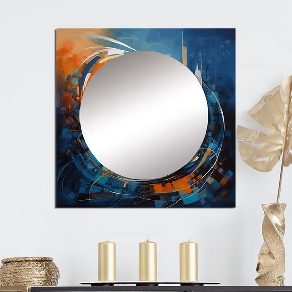 Designart "Equilibrium of Orange and Blue IV" Modern Geometric Square Mirror For Wall Decor - Large Blue Square Printed Wall Mirror Art - Square Modern Mirror - Wall Mounted Square Large Mirror
