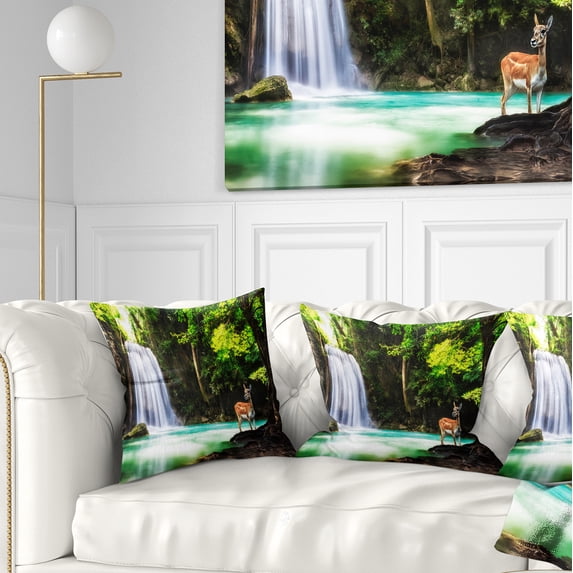 Designart Erawan Waterfall - Landscape Photo Throw Pillow - 18x18