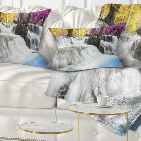 Designart Erawan Waterfall - Landscape Photography Throw Pillow - 12x20