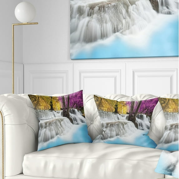 Designart Erawan Waterfall - Landscape Photography Throw Pillow - 16x16