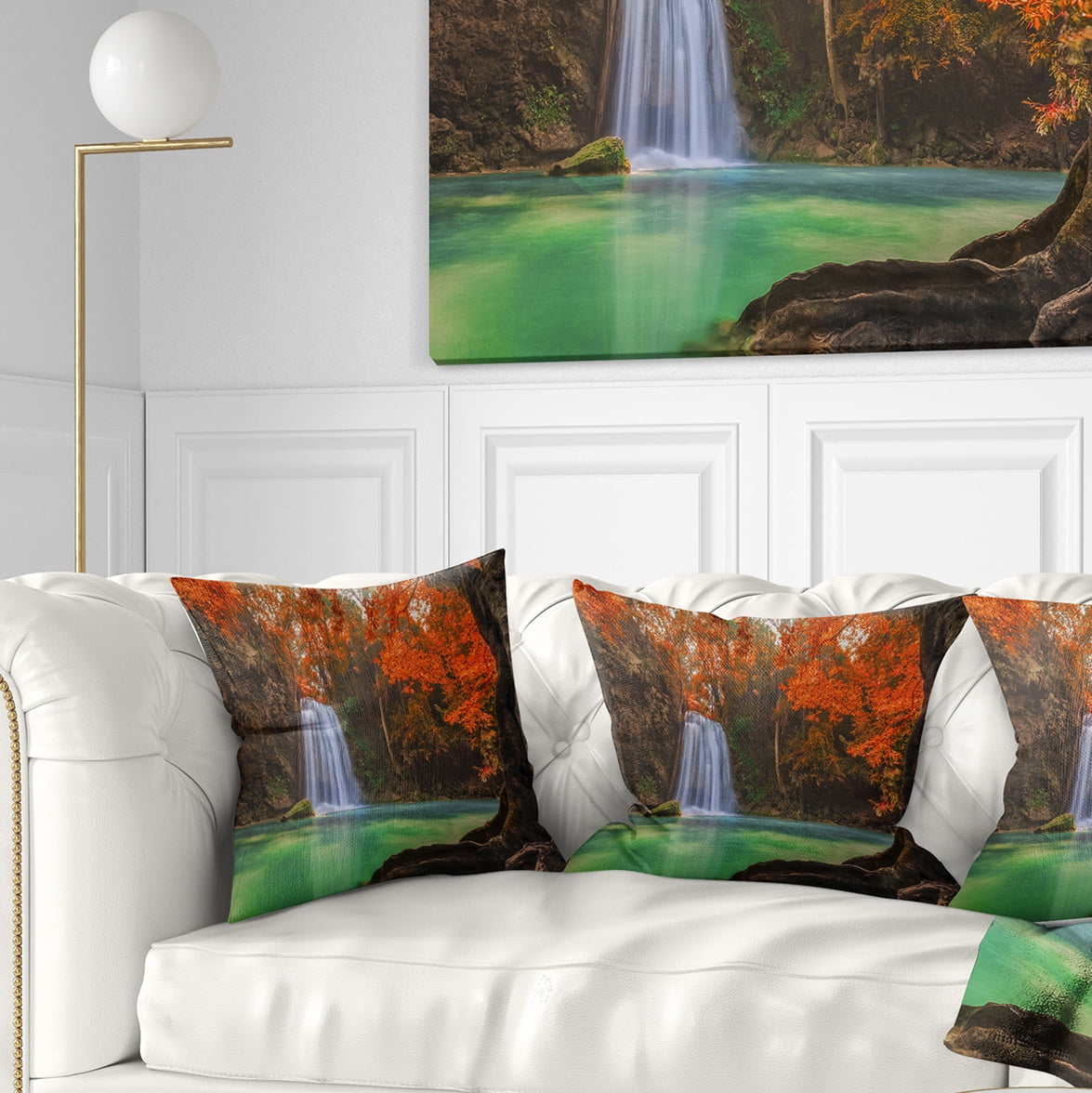 Designart Erawan Waterfall - Photography Throw Pillow - 16x16