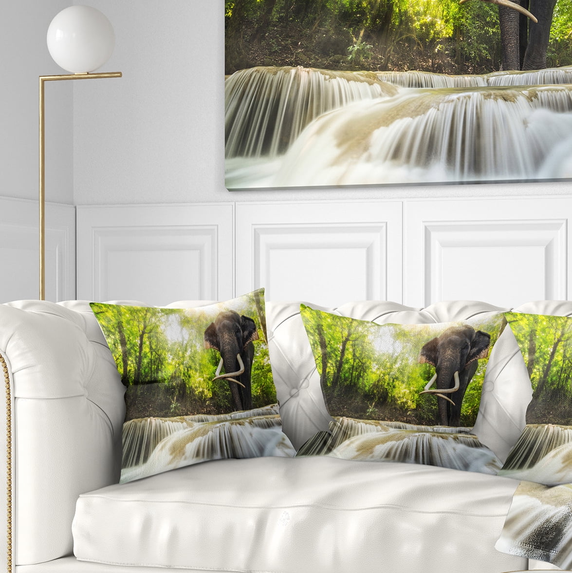 Designart Erawan Waterfall with Elephant - Photography Throw Pillow - 16x16