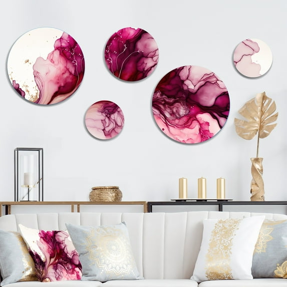 Designart "Eruption Of Rasberry Blush Joy III" Abstract Liquid Ink Metal Wall Art Set of 5 Piece