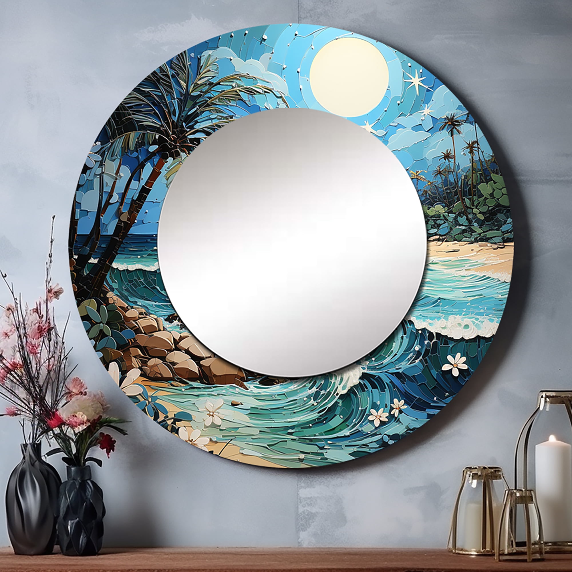 Coastal Island Escape Round Metal Wall Mirror with Beach Print