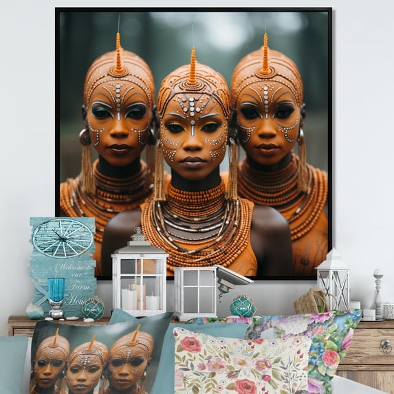 Designart "Essence of African Tribal Women" People Framed Wall Art - Traditional Orange African Tribal Entryway Framed Wall Art Print