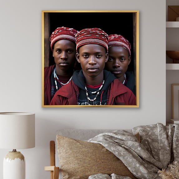 Designart "Essence of African Warrior Tribe I" People Framed Wall Art - Traditional Brown African Tribal Entryway Framed Wall Art