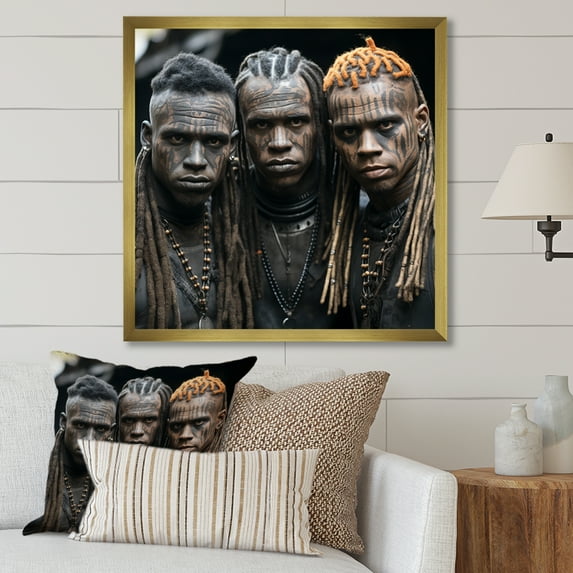 Designart "Essence of African Warrior Tribe II" People Framed Wall Art Decor - Global Yellow African Tribal Hallway Framed Wall Art Decor