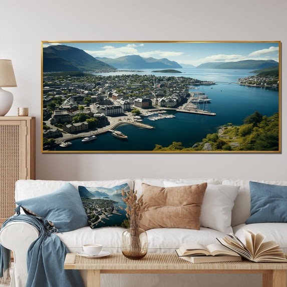 Designart "Essence of Alesund Germany's Port City" Extra Large Landscapes Framed Wall Art - Traditional Green Germany Bedroom Framed Canvas Wall Art