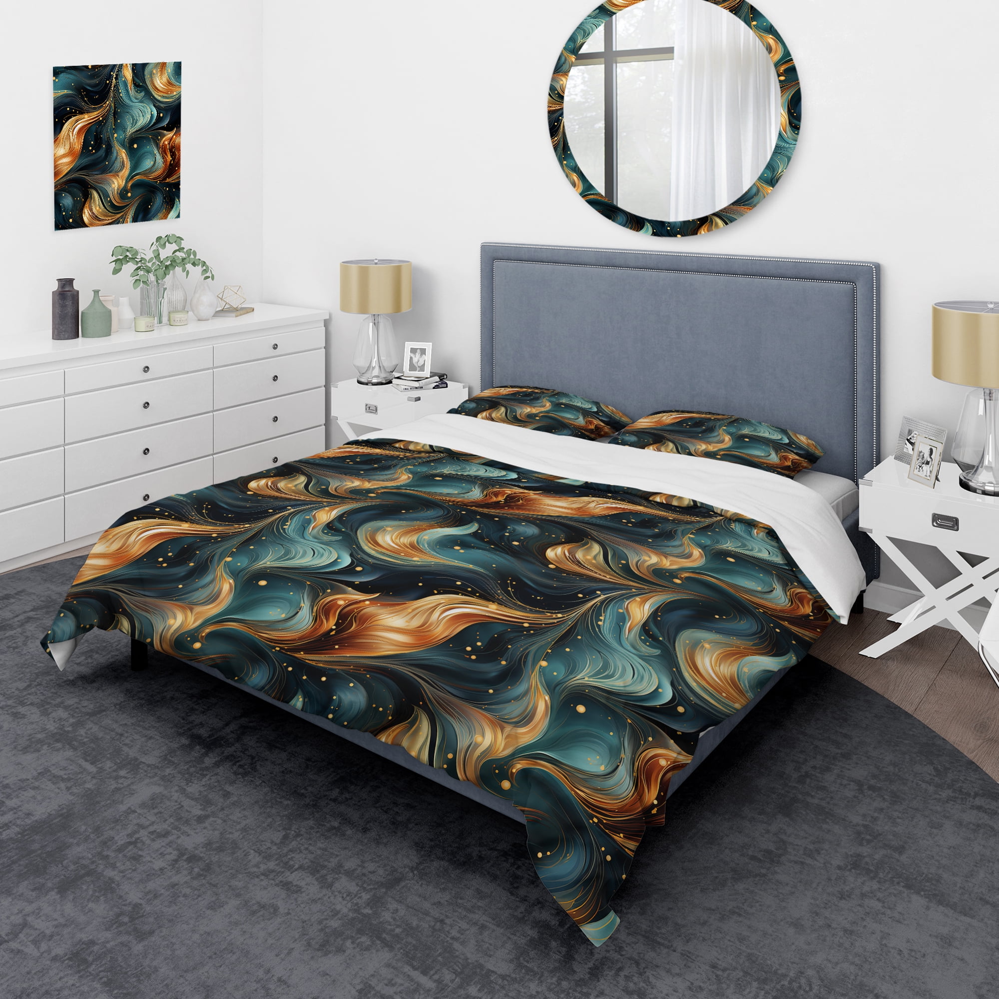 King Teal and Gold Marble Abstract Duvet Cover Set