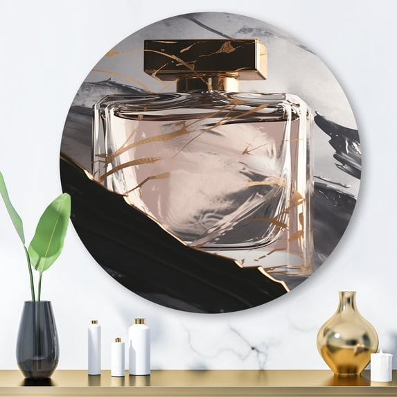 Designart "Essence of Perfume I" Fashion Perfume Metal Round Art Living Room