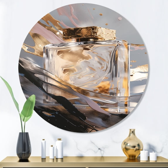 Designart "Essence of Perfume V" Fashion Perfume Metal Round Wall Art