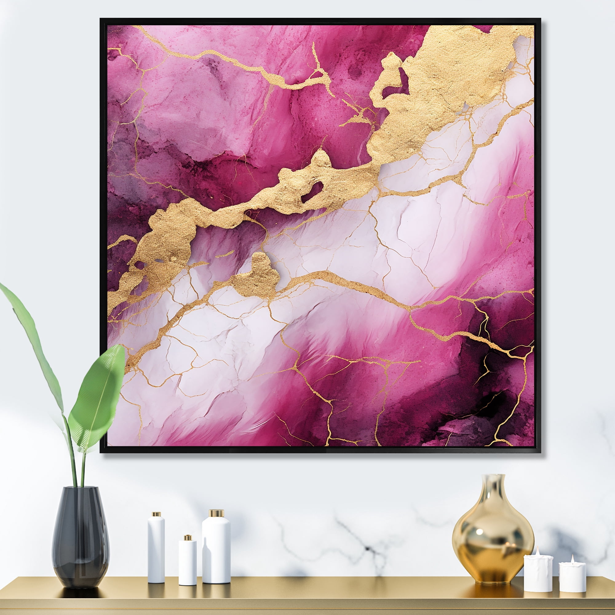 Designart "Essence of Pink and Gold Marble II" Abstract Framed Wall Art ...