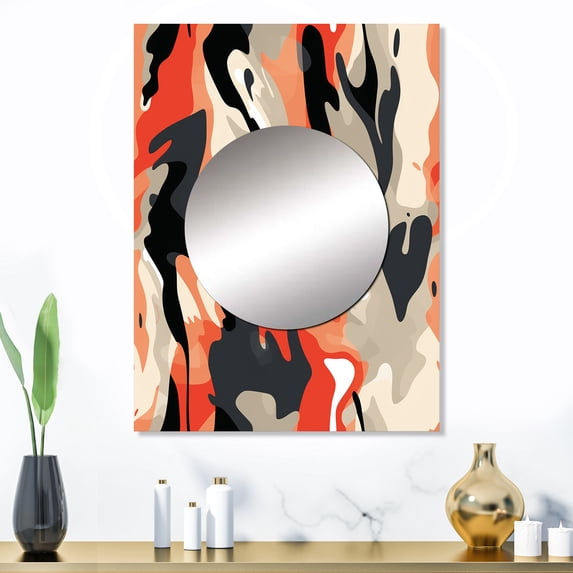 Designart "Essence of Tribal Camo I" Abstract Mirror Wall Decor - Modern Red Abstract Mirror Wall Art For Bathroom - 32" x 24" Inch