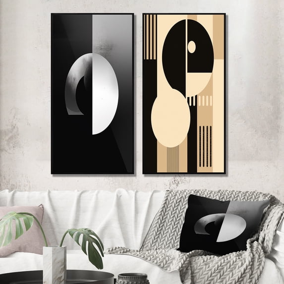 Designart "Essential Existence Circular Geometric Harmony I" Modern Geometric Framed Wall Art Set Of 2 - Modern Black Framed Canvas Set For Living Room Decor