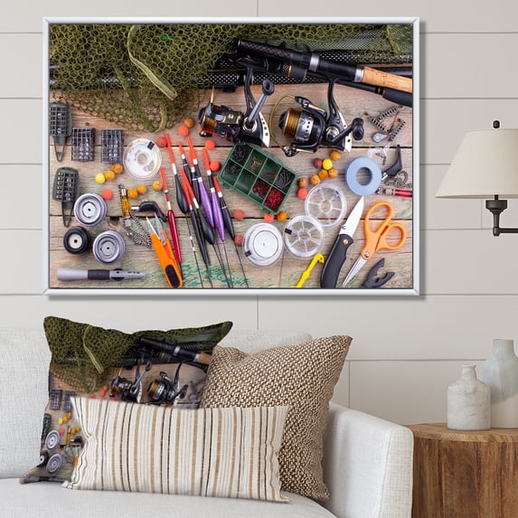 Designart "Essential Fishing Gear II" Hunting & Fishing Floater Framed Canvas Wall Art