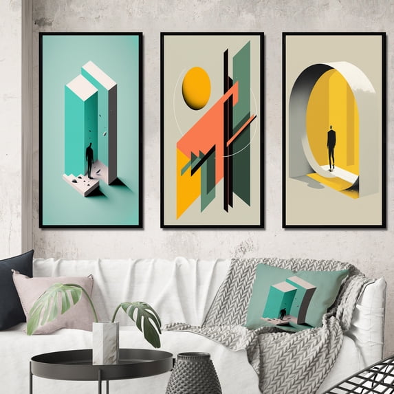 Designart "Essential Shapes in Reality's Reflection I" Minimalism Framed Wall Art Set Of 3 - Turquoise Abstract Minimalism Frame Gallery Wall Set For Home Decor