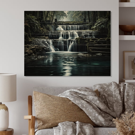 Designart "Eternal Beauty of the Waterfall Cascade I" Landscapes Print on Natural Pine Wood