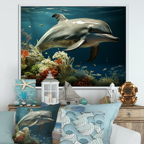 Designart "Eternal Dolphin Dance III" Animals Dolphin Floater Framed Wall Decor
