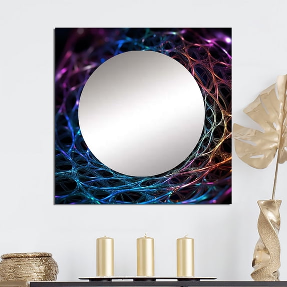 Designart "Eternal Mesh Space Grid I" Fractals Blue Large Square Mirror - Square Bedroom Mirror Printed Wall Decor - Transitional Square Printed Wall Mirror Art