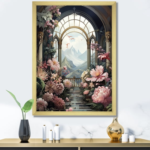 Designart "Eternal Stairs to Mountain Castle" Fashion Framed Wall Art - Glam Pink Fantasy Entryway Framed Wall Art