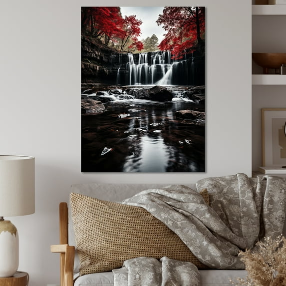 Designart "Eternity in Grey and Red Waterfall I" Landscapes Metal Art Living Room