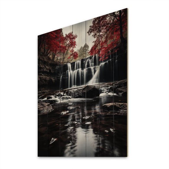 Designart "Eternity in Grey and Red Waterfall I" Landscapes Print on Natural Pine Wood