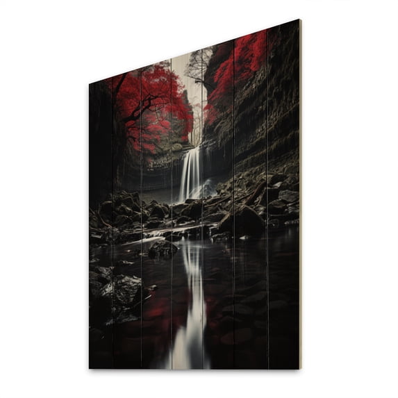 Designart "Eternity in Grey and Red Waterfall II" Landscapes Print on Natural Pine Wood