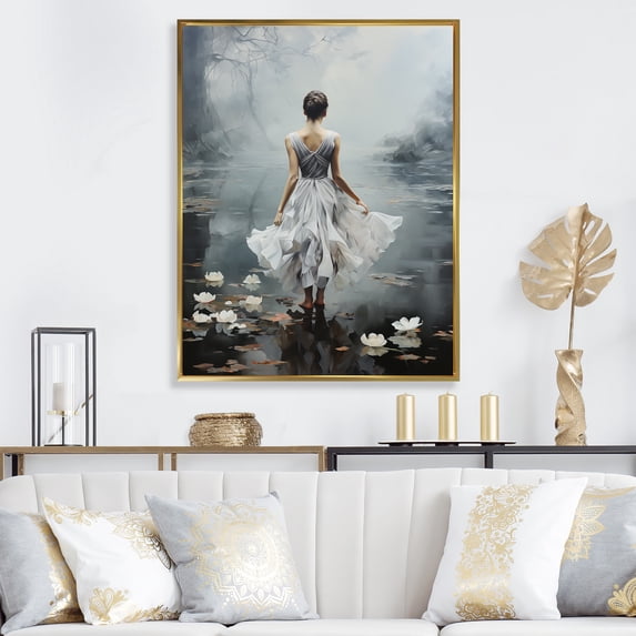 Designart "Ethereal Ballet Dreams in White and Grey II" Fashion Framed Wall Art - Modern White Dance Entryway Framed Wall Art Print