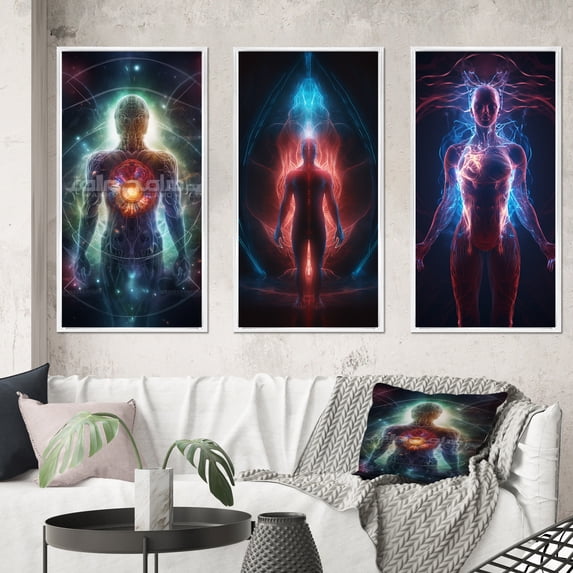Designart "Ethereal Body Glowing Light Awakening II" Robot Framed Wall Art Set Of 3 - Blue Modern Frame Canvas Set For Living Room Decor