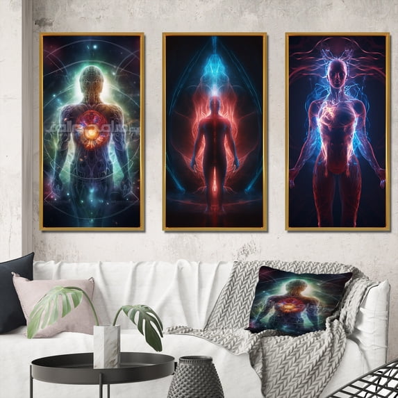 Designart "Ethereal Body Glowing Light Awakening II" Robot Framed Wall Art Set Of 3 - Blue Modern Frame Canvas Set For Living Room Decor