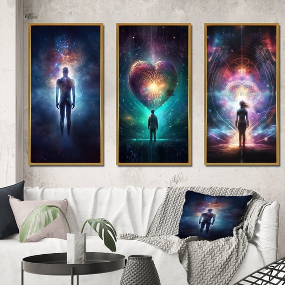 Designart "Ethereal Body Glowing Light Awakening III" Robot Framed Wall Art Set Of 3 - Blue Modern Frame Gallery Set For Office Decor