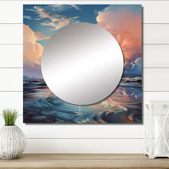 Designart "Ethereal Clouds Fluid Artistry" Clouds Square Mirror Wall Decor Traditional - Large Blue Square Bathroom Mirror - Square Printed Wall Mirror Art