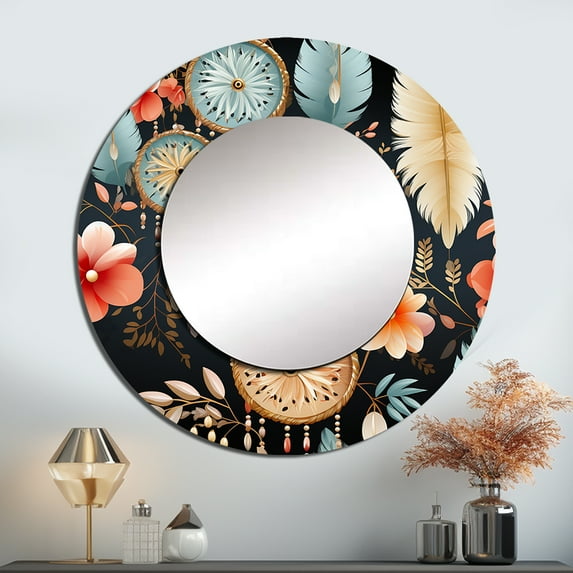 Designart "Ethereal Dream Weaver III" Floral Rund Mirror For Wall Decor - Large Browns Round Printed Mirror -Bohemian Round Living Room Mirror - 23" x 23"