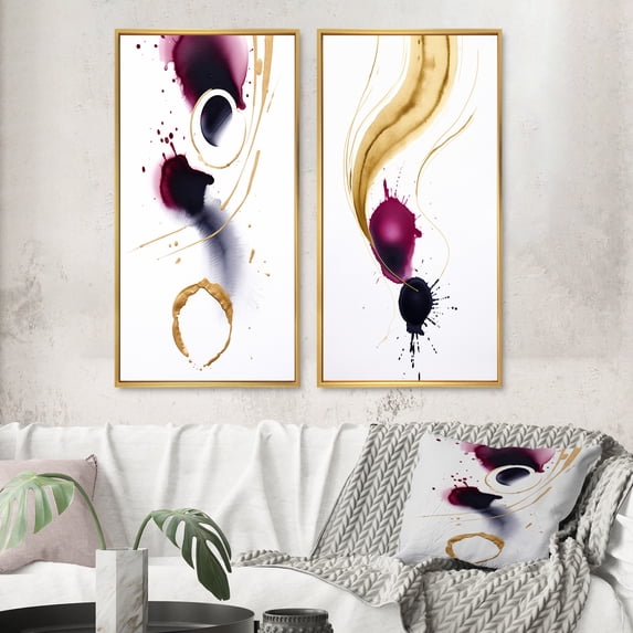Designart "Ethereal Elegance Magenta Ink Clouds II" Abstract Painting Framed Wall Art Set Of 2 - Modern Gold Framed Wall Art Set Of 2