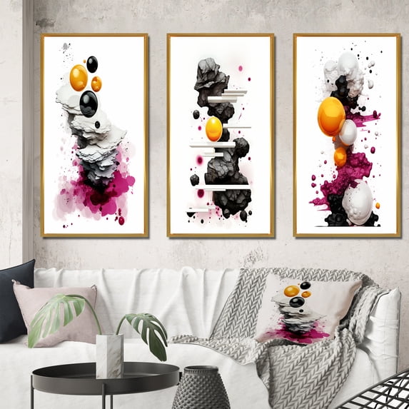 Designart "Ethereal Elegance Magenta Ink Clouds III" Abstract Painting Framed Wall Art Set Of 3 - Gold Modern Frame Canvas Set For Living Room Decor