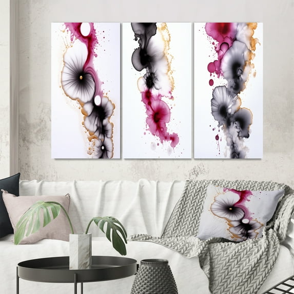 Designart "Ethereal Elegance Magenta Ink Clouds VI" Abstract Painting Wall Art Set Of 3 - Modern Gold Gallery Wall Set For Home Decor