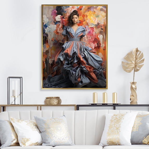 Designart "Ethereal Elegance Runway" Fashion Framed Wall Art - Glam Blue Fashion Bedroom Framed Canvas Wall Art