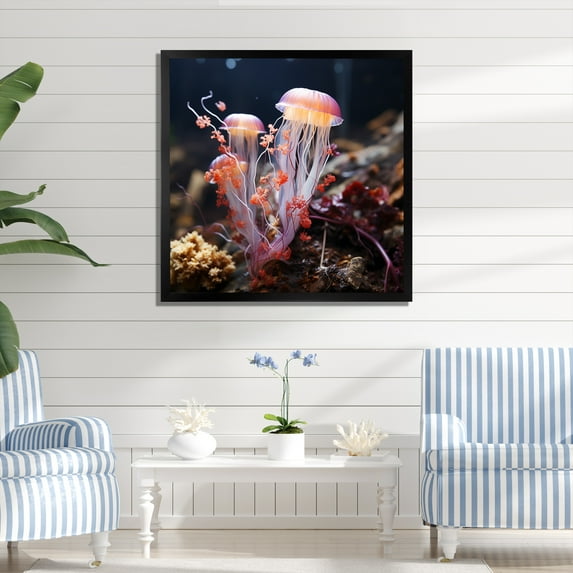 Designart "Ethereal Elegance of Jellyfish in Yellow and Pink" Animals Framed Wall Art Decor - Modern Yellow Jellyfish Entryway Framed Wall Art Print