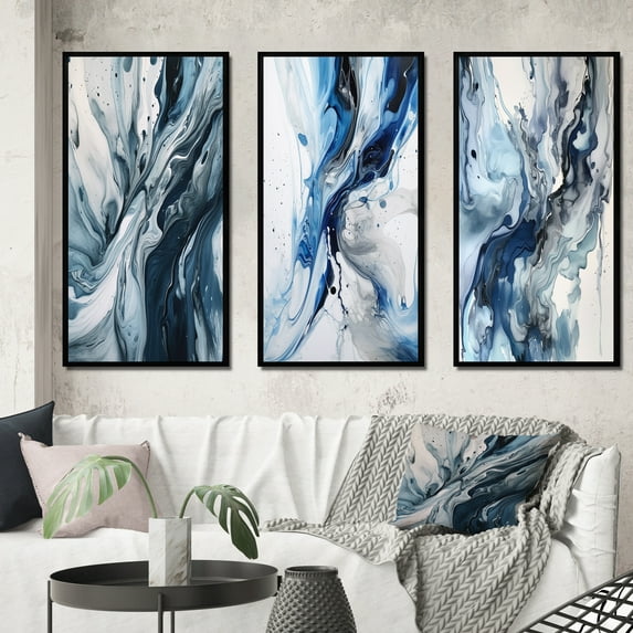 Designart "Ethereal Elixir Blue Grey Harmony I IX" Abstract Framed Wall Art Set Of 3 - Blue Abstract Frame Canvas Set For Living Room Decor