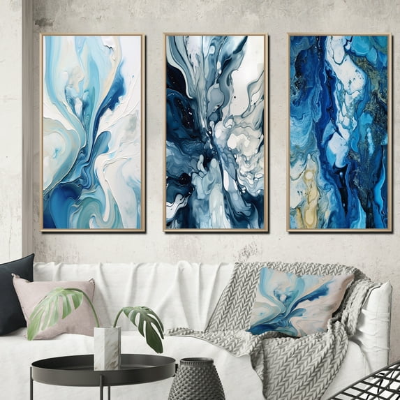 Designart "Ethereal Elixir Blue Grey Tranquility IX" Abstract Framed Wall Art Set Of 3 - Blue Abstract Frame Gallery Set For Office Decor