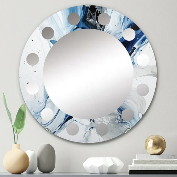 Designart "Ethereal Elixir Blue Grey Tranquility IX" Abstract Round Wall Mirror - Modern Oval Printed Decorative Oversized Mirror - Multiple Color Options