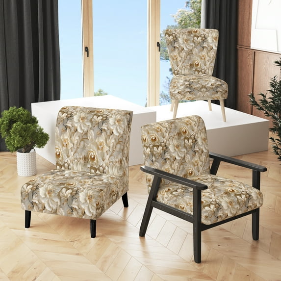 Designart "Ethereal Flourishing Rococo III" Beige Floral Upholstered Accent Chair - Cottage Arm Chair For Bedroom