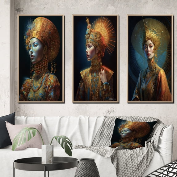 Designart "Ethereal High Fashion Inspired by Eiko Ishioka III" Asian Woman Framed Wall Art Set Of 3 - Blue Woman Asian Frame Canvas Set For Living Room Decor