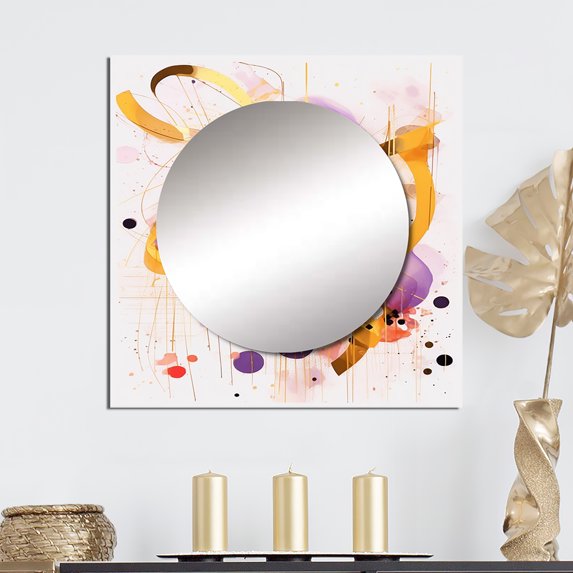 Designart "Ethereal Reflections Gold Purple Composition" Abstract Shapes Square Mirror Wall Decor Transitional - Large Gold Square Bathroom Mirror - Square Printed Wall Mirror Art