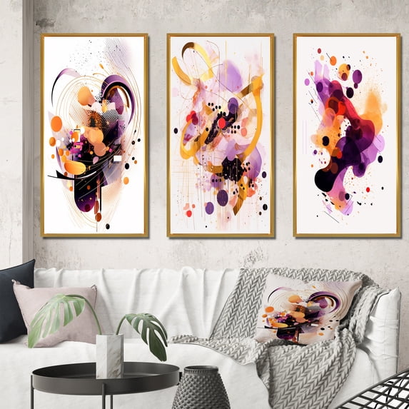 Designart "Ethereal Reflections in Orange and Purple II" Abstract Shapes Framed Wall Art Set Of 3 - Orange Shapes Frame Canvas Set For Living Room Decor