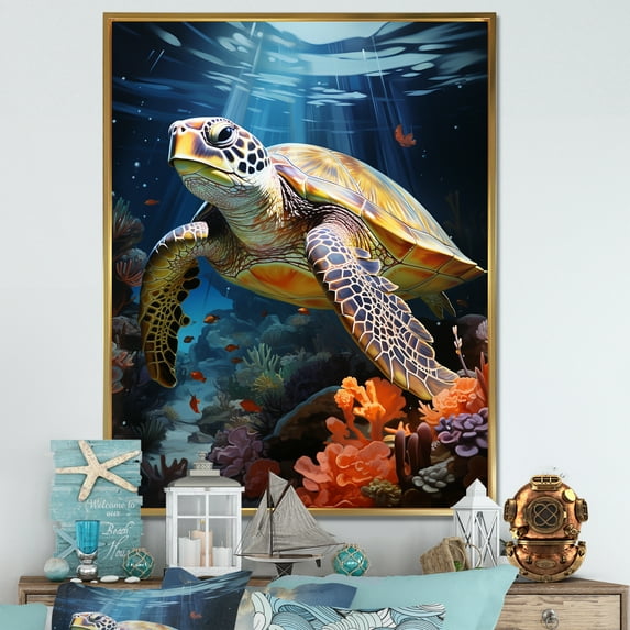 Designart "Ethereal Underwater Turtle Meeting" Animals Turtle Floater Framed Canvas Prints