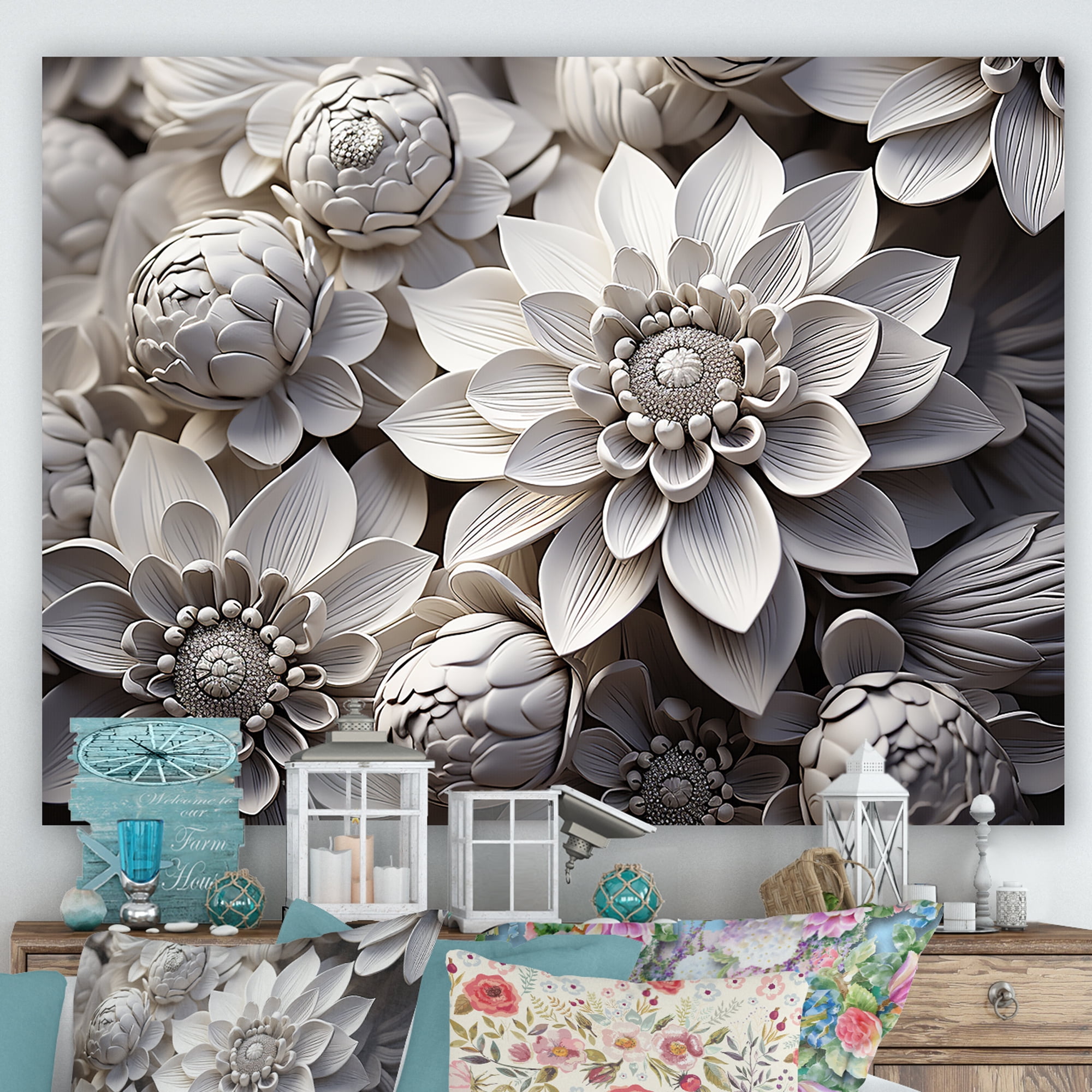Elegant White Zinnias Canvas Print on Pine Frame